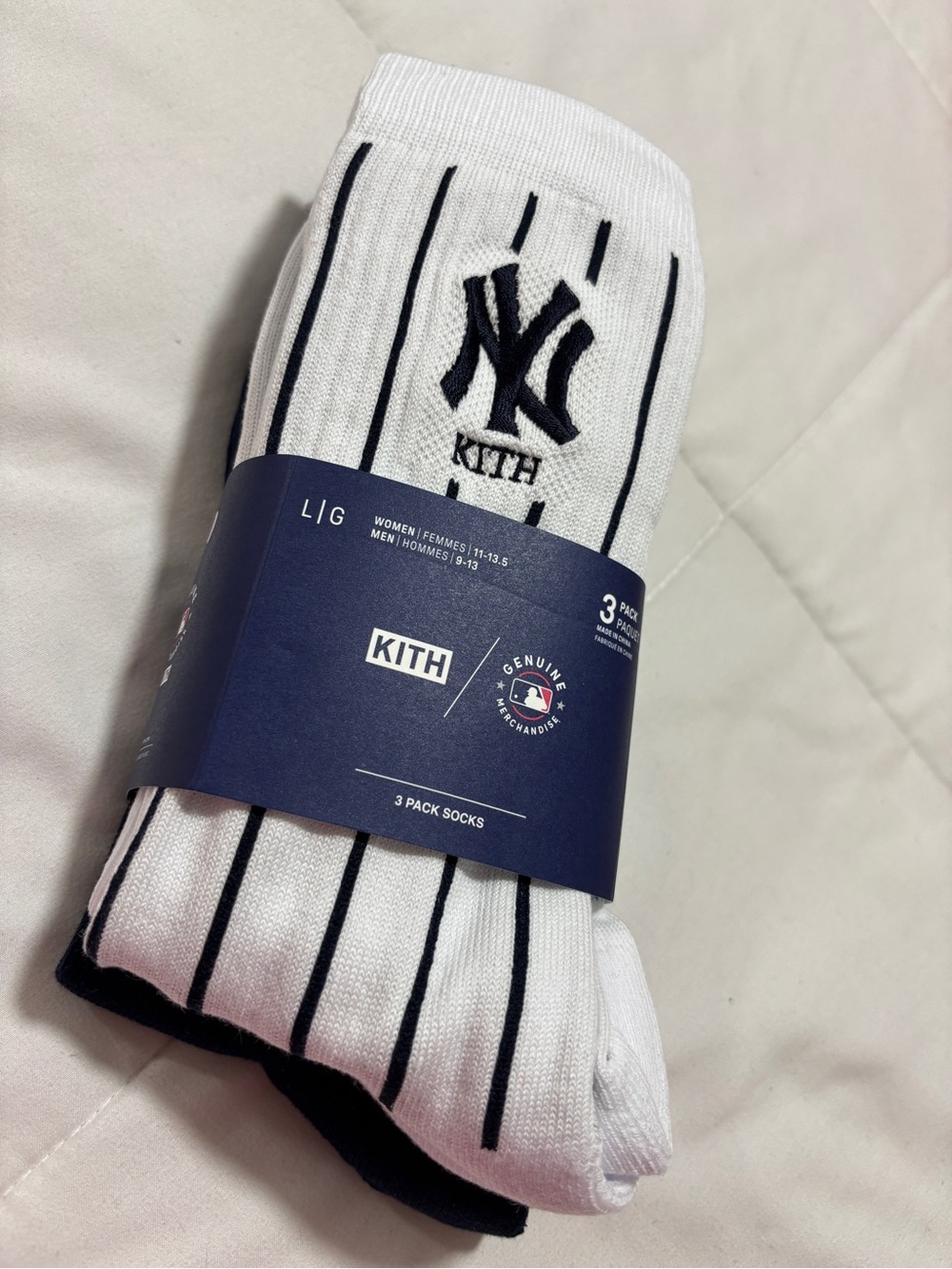 Kith White Crew Socks with Black Pinstripes & NY Logo (3-Pack)
